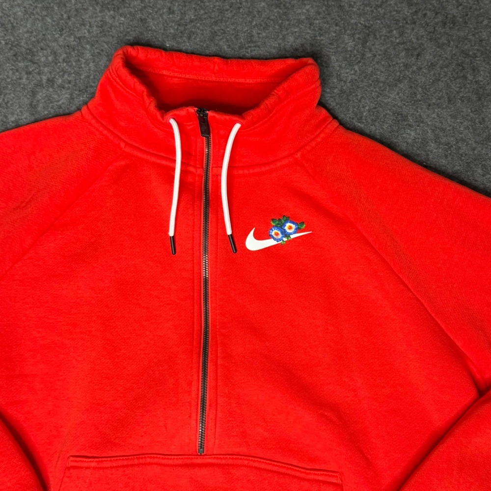 Nike Sportswear Floral Swoosh Quarter Zip Fleece Pullover Red Mens XL Sweatshirt - Picture 3 of 9